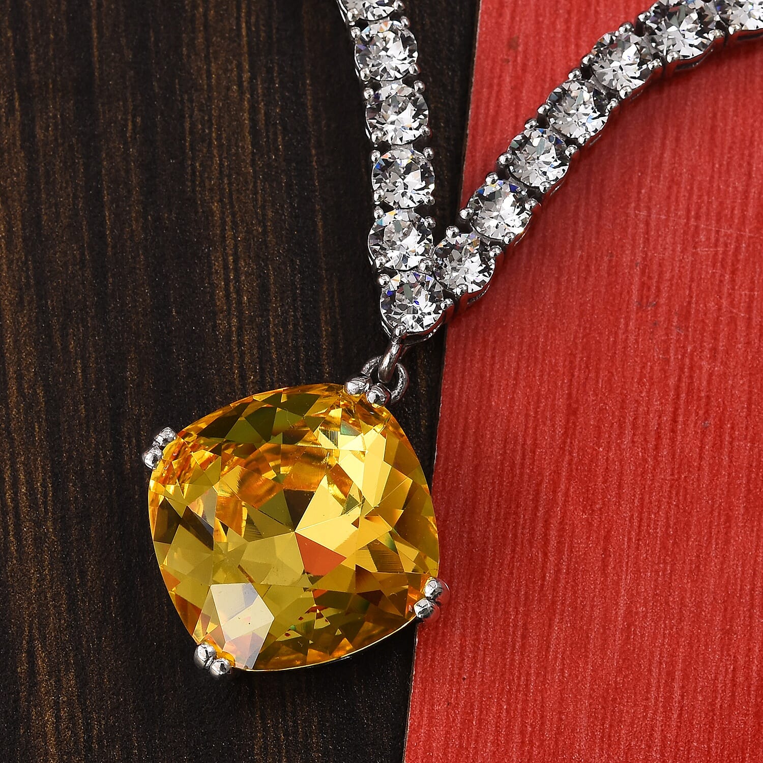 J Francis -   Canary  Colour Crystal (Cush), White Crystal Necklace (Size 18) in Platinum Overlay Sterling Silver, Silver wt 31.74 Gms