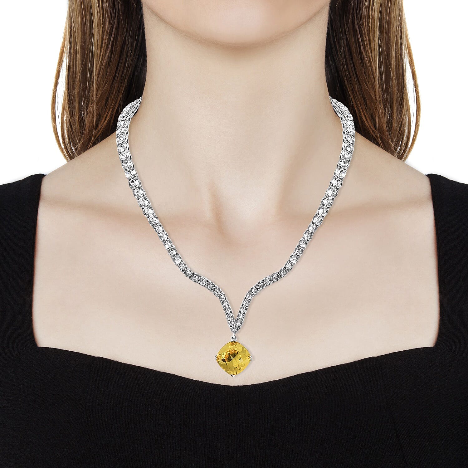 J Francis -   Canary  Colour Crystal (Cush), White Crystal Necklace (Size 18) in Platinum Overlay Sterling Silver, Silver wt 31.74 Gms