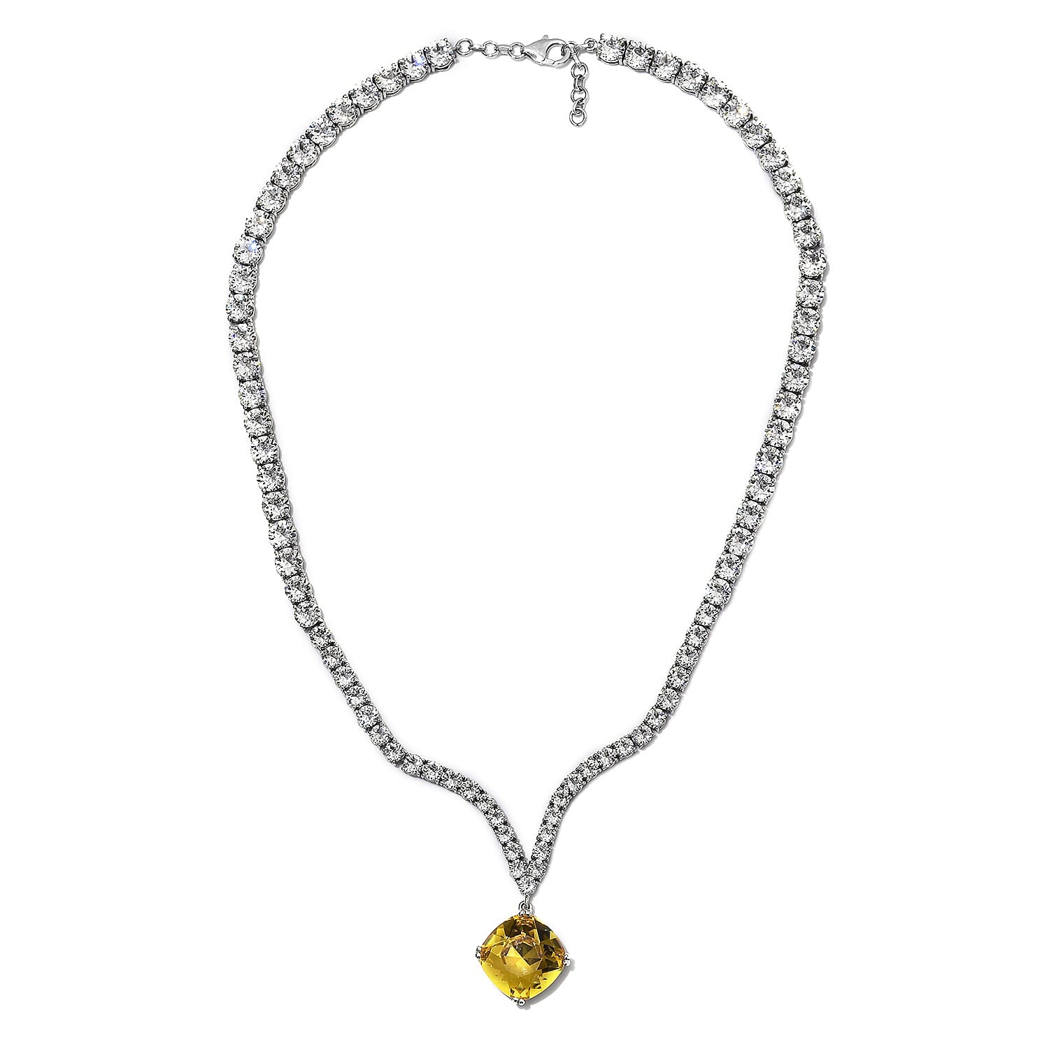 J Francis -   Canary  Colour Crystal (Cush), White Crystal Necklace (Size 18) in Platinum Overlay Sterling Silver, Silver wt 31.74 Gms
