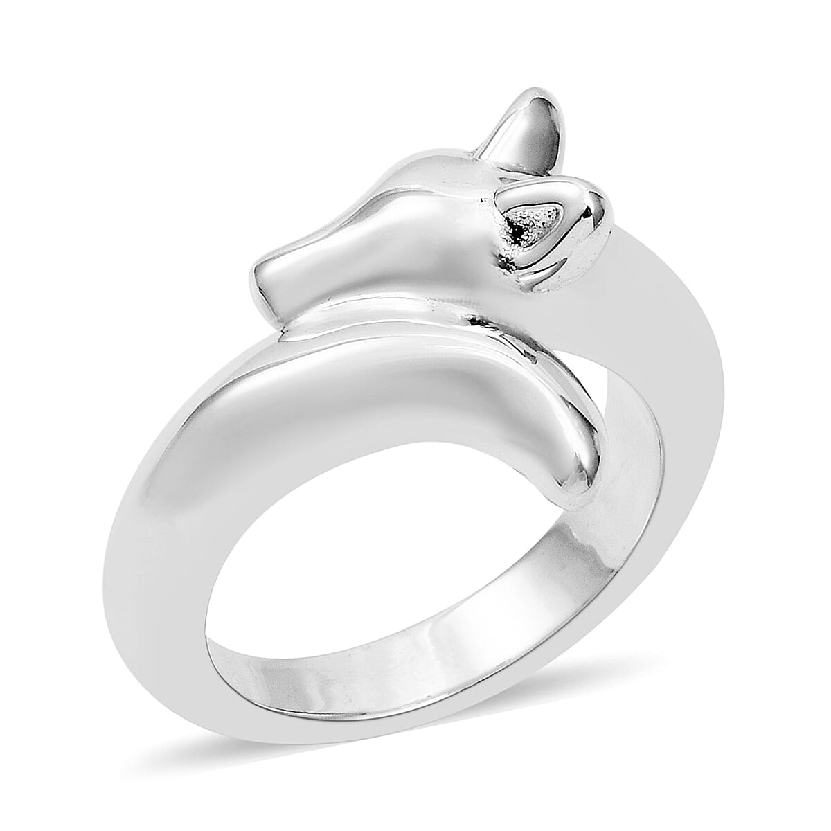 Rhodium Overlay Sterling Silver Fox Head Ring
