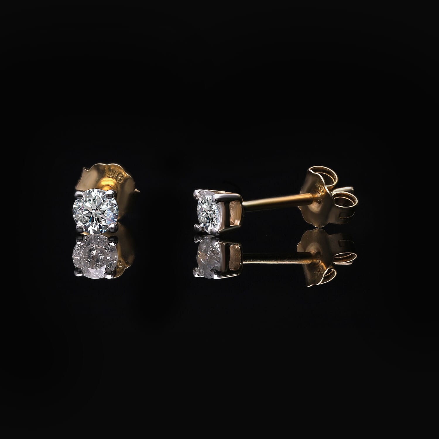 9K Yellow Gold SGL Certified White Diamond (G-H) Solitaire Stud  Push Back Earrings.
