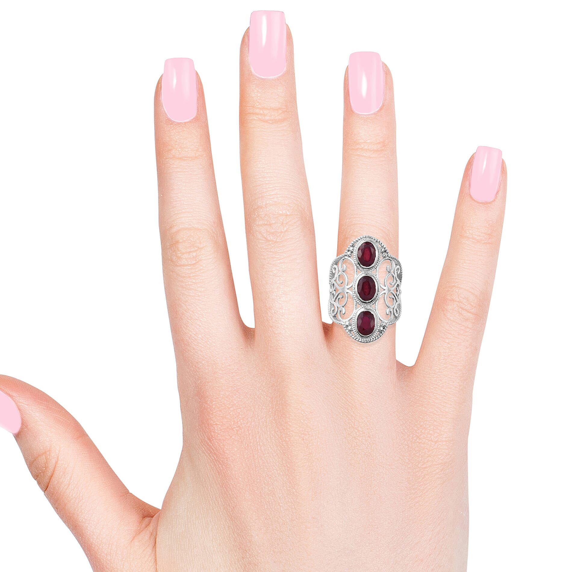 Artisan Crafted African Ruby (Ovl) Filigree Ring in Sterling Silver 3.590 Ct.
