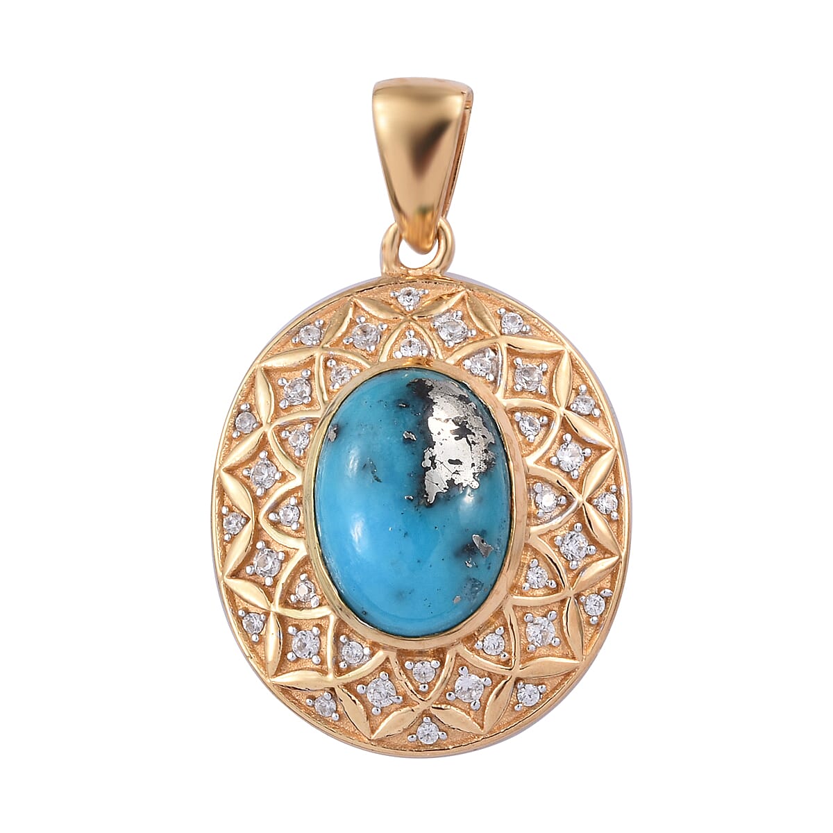 Persian Turquoise (Ovl 14x10 mm), Natural Cambodian Zircon Pendant in 14K Gold Overlay Sterling Silver 6.500 Ct, Silver wt 6.40 Gms