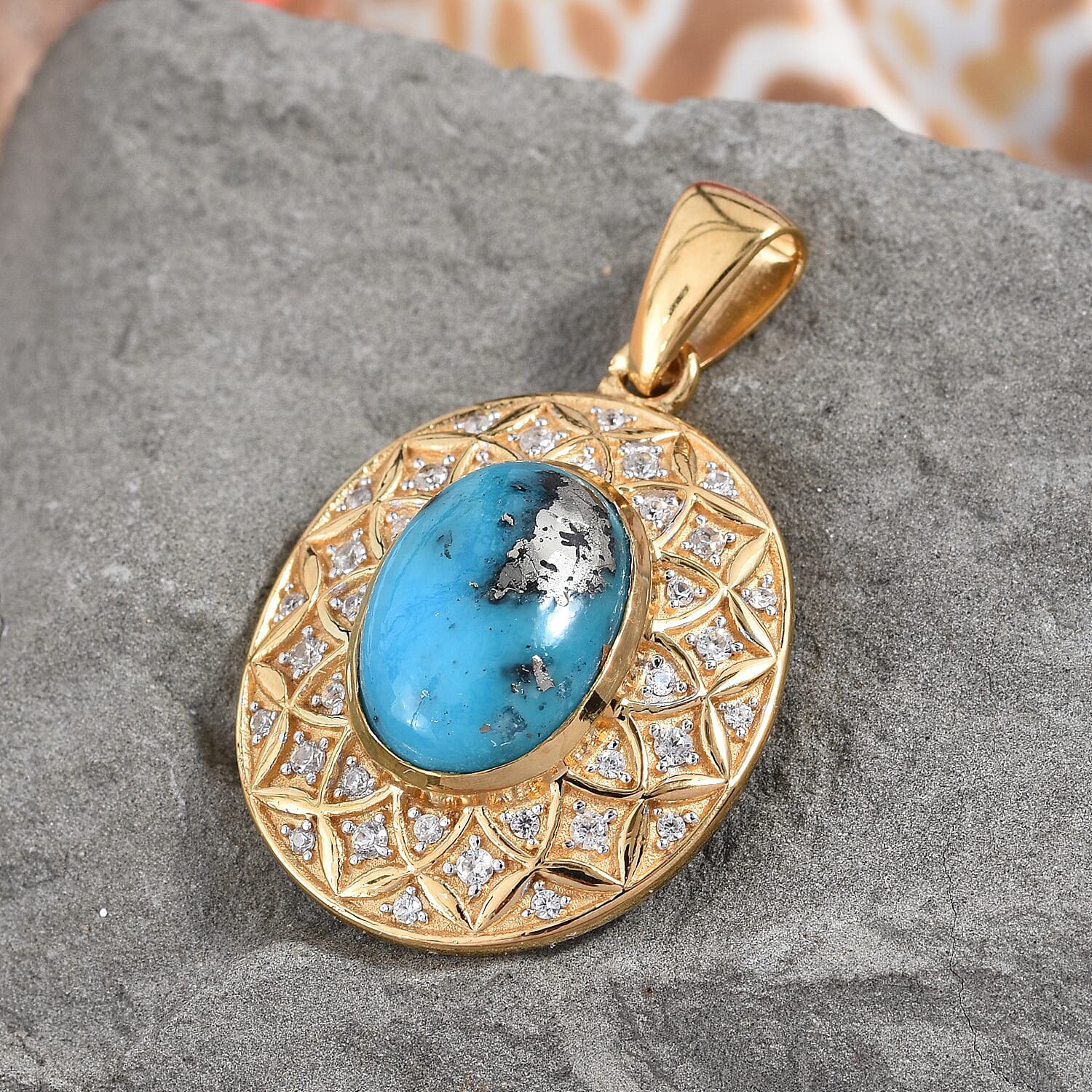 Persian Turquoise (Ovl 14x10 mm), Natural Cambodian Zircon Pendant in 14K Gold Overlay Sterling Silver 6.500 Ct, Silver wt 6.40 Gms