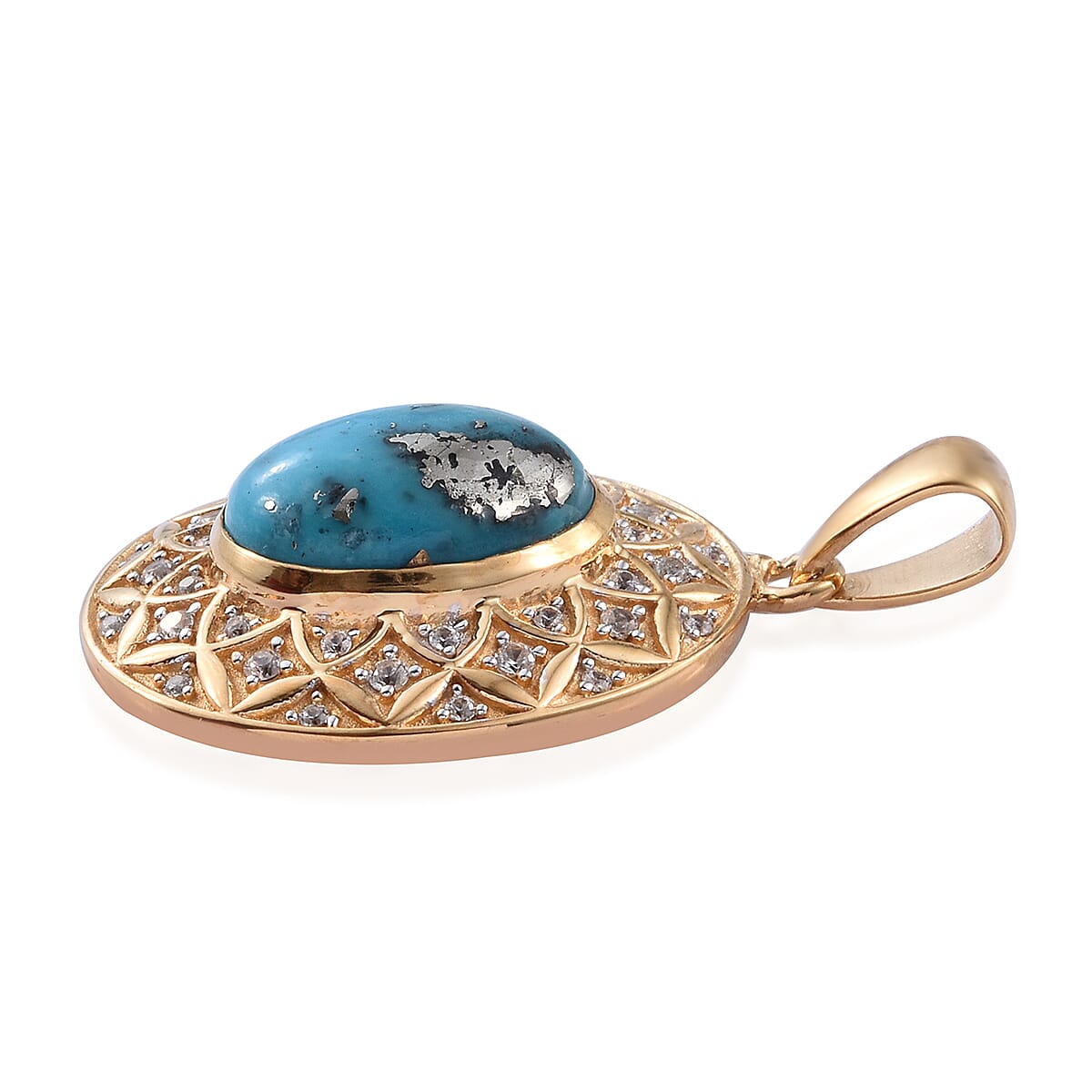 Persian Turquoise (Ovl 14x10 mm), Natural Cambodian Zircon Pendant in 14K Gold Overlay Sterling Silver 6.500 Ct, Silver wt 6.40 Gms