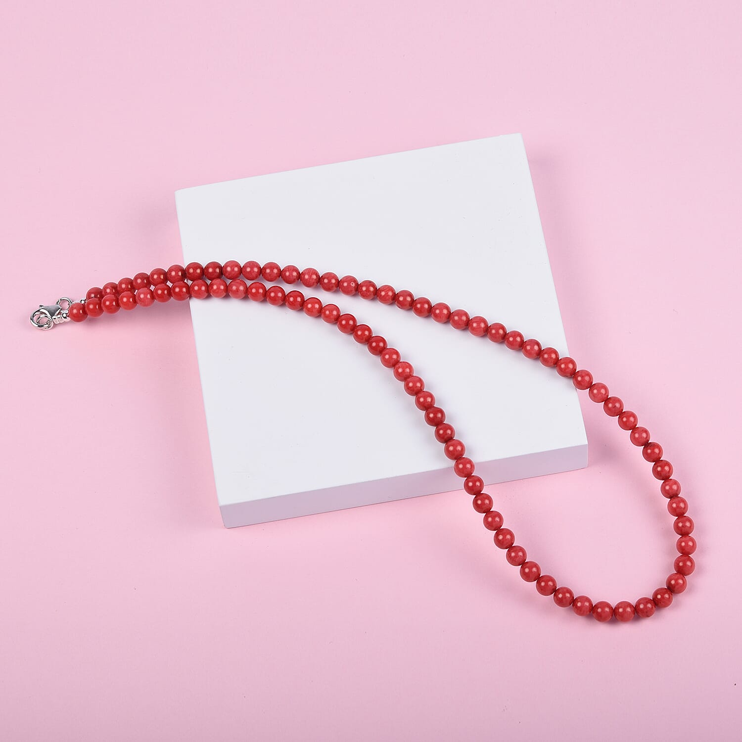 Red Coral Beads Necklace (Size 18) with Lobster Clasp in Rhodium Overlay Sterling Silver 110.00 Ct