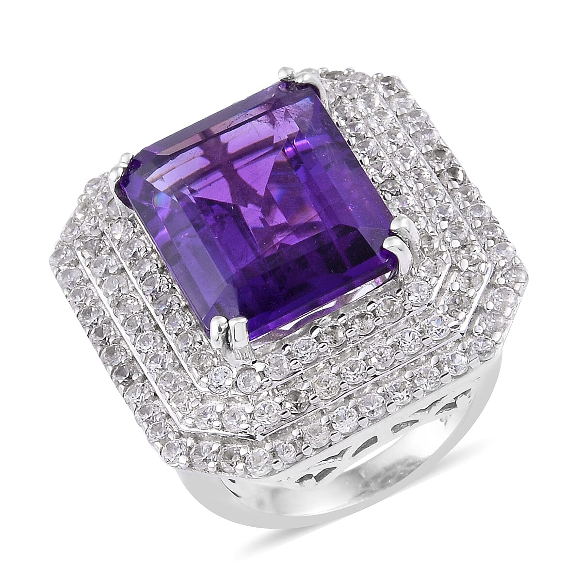 AAA Amethyst (Oct 11.20 Ct), Natural Cambodian Zircon Ring in Platinum Overlay Sterling Silver 14.250 Ct, Silver wt 8.60 Gms