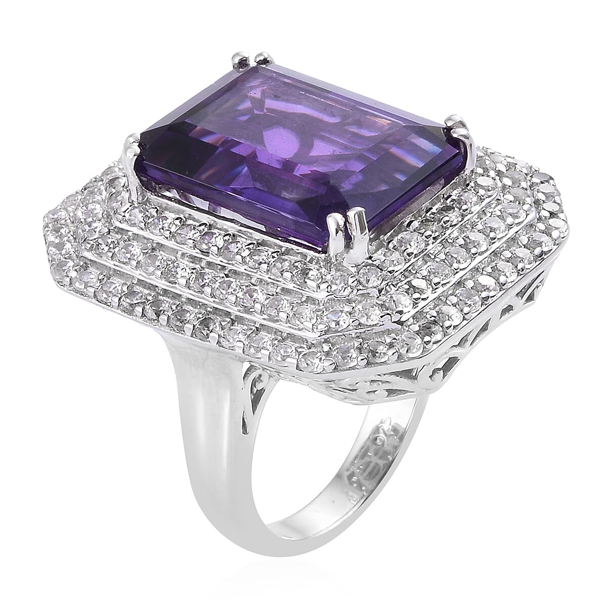 AAA Amethyst (Oct 11.20 Ct), Natural Cambodian Zircon Ring in Platinum Overlay Sterling Silver 14.250 Ct, Silver wt 8.60 Gms