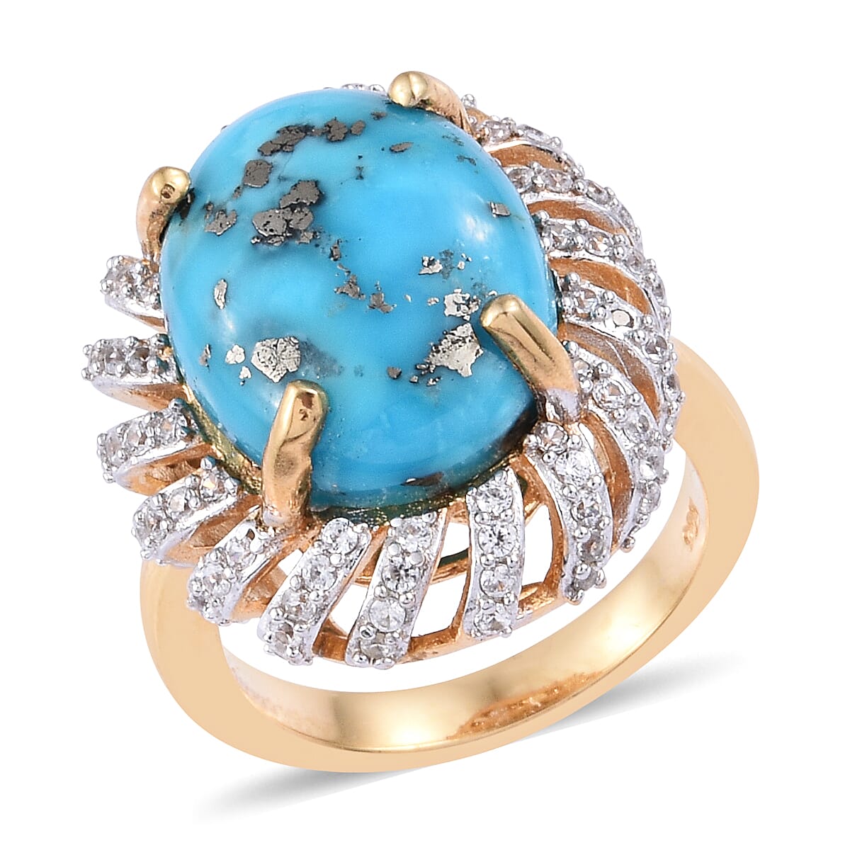 Turquoise (Ovl 16x12 mm), Natural Cambodian Zircon Ring in 14K Gold Overlay Sterling Silver 9.75 Ct.