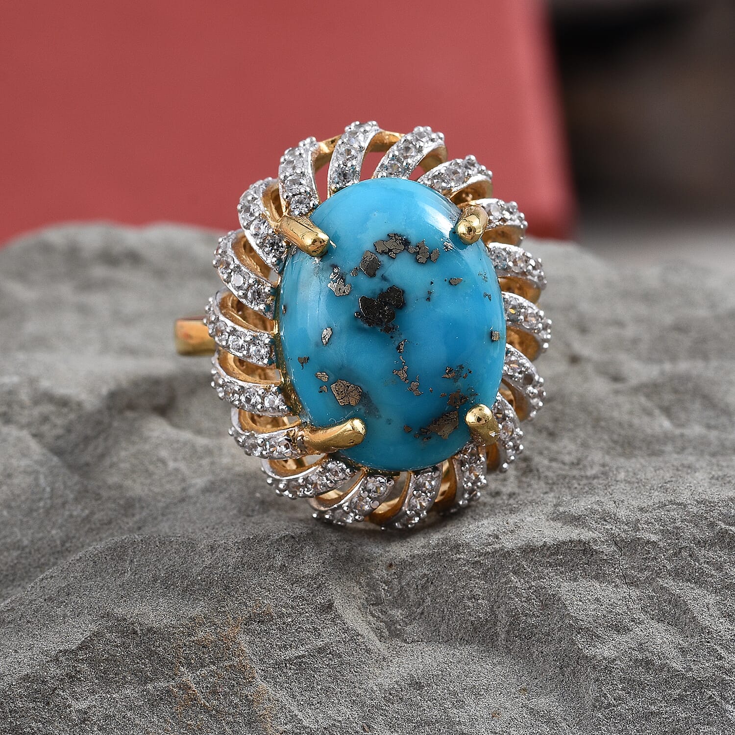 Turquoise (Ovl 16x12 mm), Natural Cambodian Zircon Ring in 14K Gold Overlay Sterling Silver 9.75 Ct.