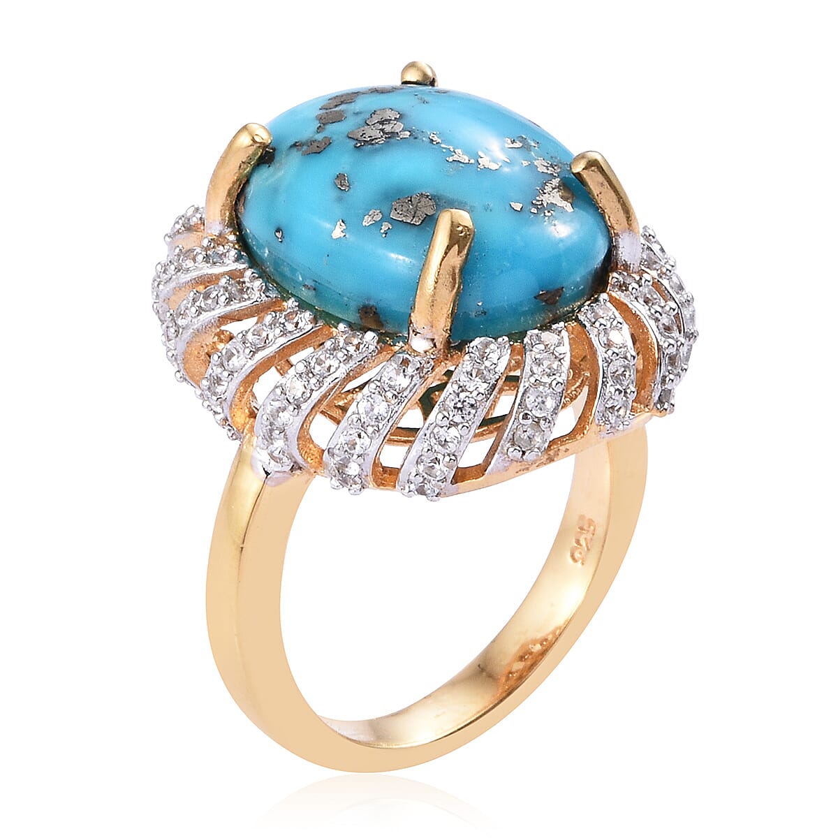 Turquoise (Ovl 16x12 mm), Natural Cambodian Zircon Ring in 14K Gold Overlay Sterling Silver 9.75 Ct.