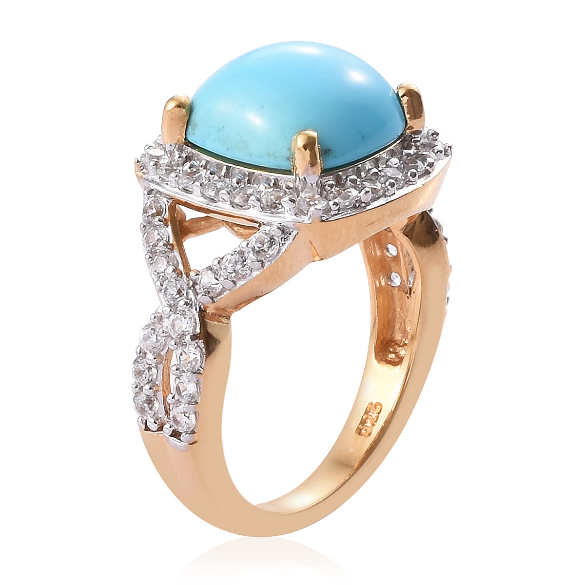 Arizona Sleeping Beauty Turquoise (Cush 10x10 mm), Natural Cambodian Zircon Ring in 14K Gold Overlay Sterling Silver 4.000 Ct.