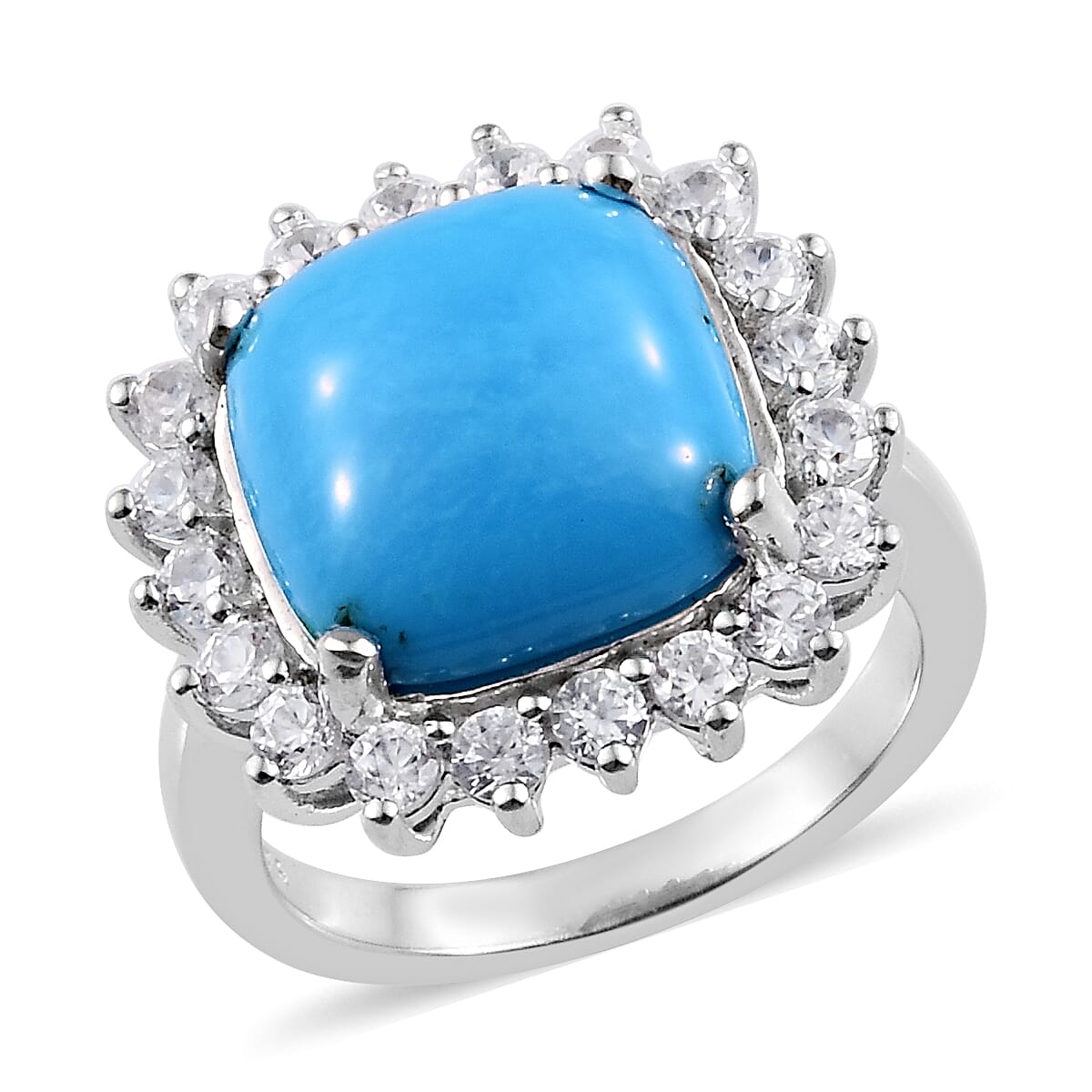 Extremely Rare Size-Arizona Sleeping Beauty Turquoise (Cush), Natural Cambodian Zircon Ring in Platinum Overlay Sterling Silver 7.00 Ct.