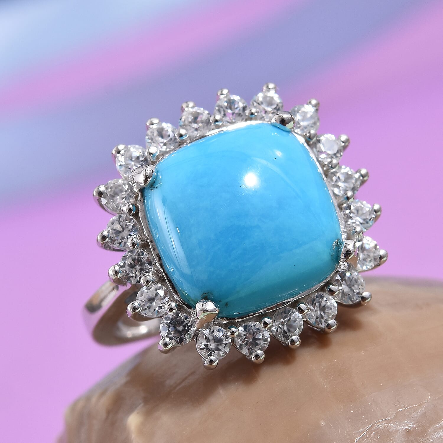Extremely Rare Size-Arizona Sleeping Beauty Turquoise (Cush), Natural Cambodian Zircon Ring in Platinum Overlay Sterling Silver 7.00 Ct.