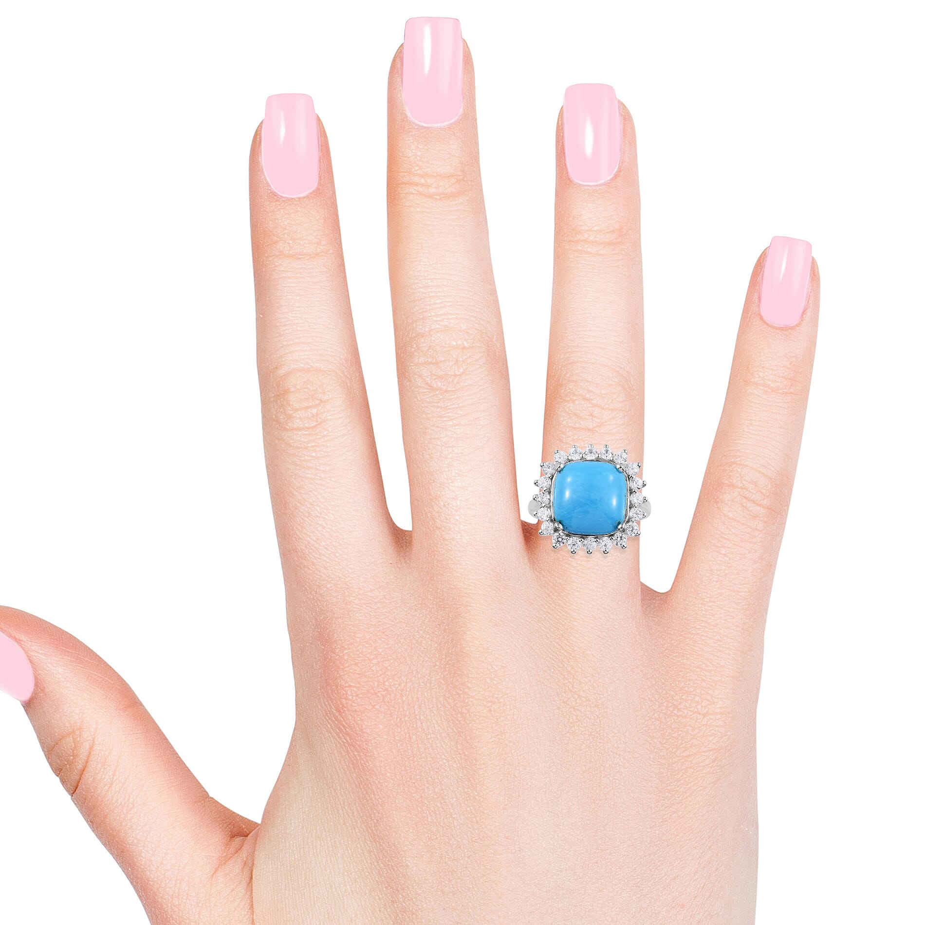 Extremely Rare Size-Arizona Sleeping Beauty Turquoise (Cush), Natural Cambodian Zircon Ring in Platinum Overlay Sterling Silver 7.00 Ct.