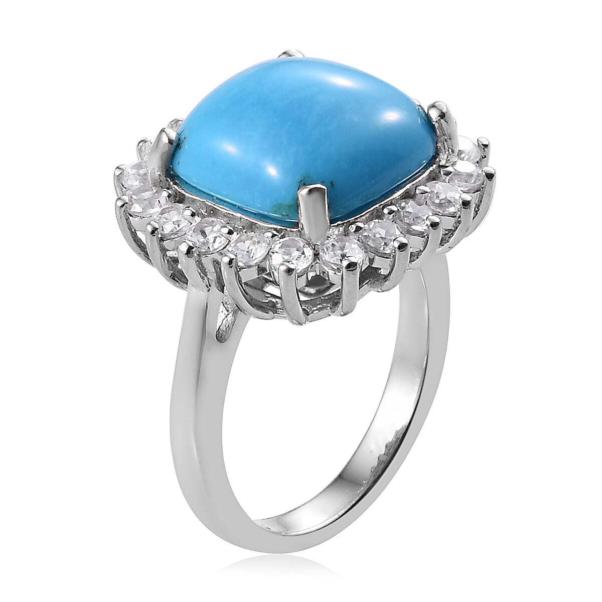 Extremely Rare Size-Arizona Sleeping Beauty Turquoise (Cush), Natural Cambodian Zircon Ring in Platinum Overlay Sterling Silver 7.00 Ct.
