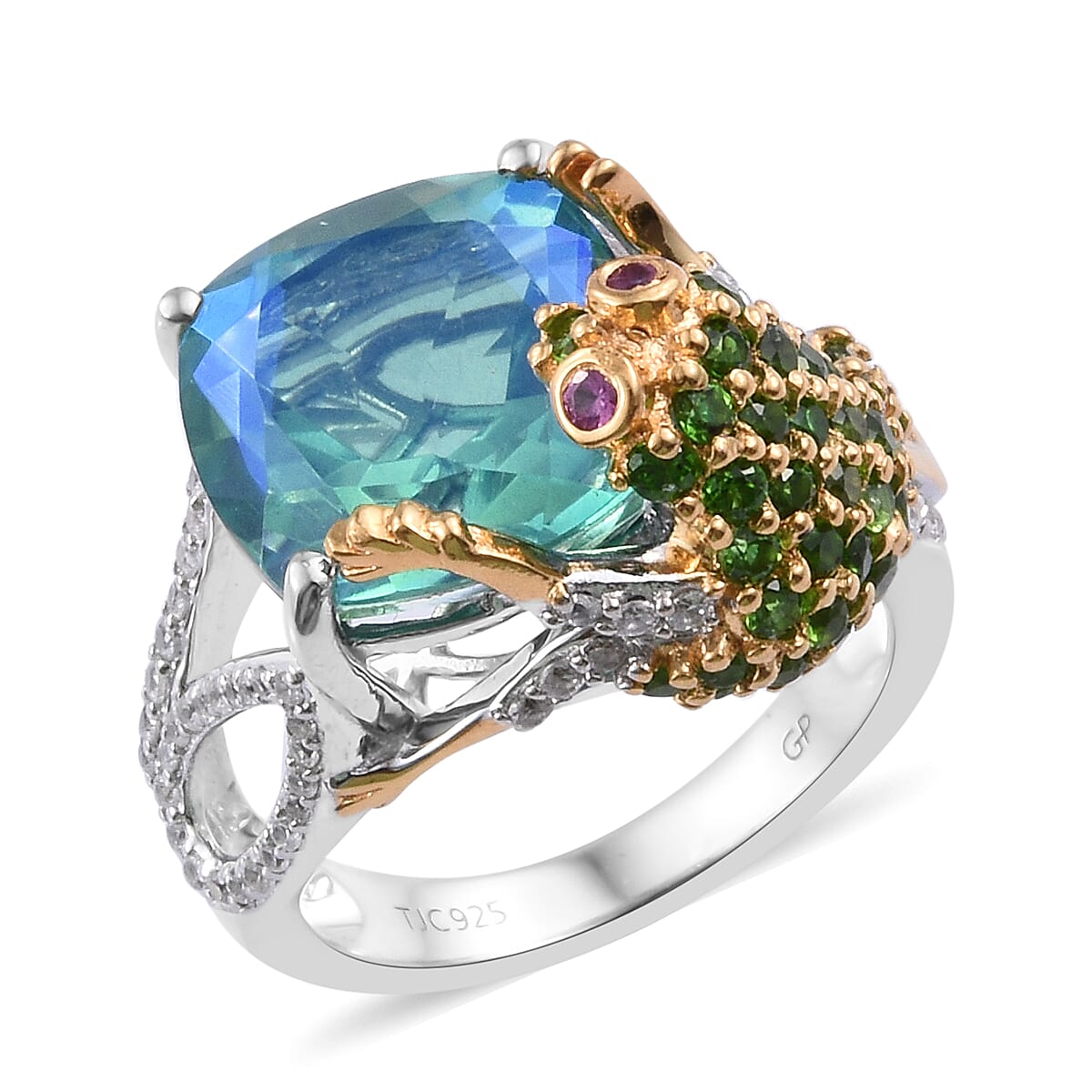 GP Peacock Quartz (Cush 12x12 mm), Multi Gemstone Frog Ring in Platinum and Yellow Gold Overlay Sterling Silver 8.250 Ct, Silver wt 5.70 Gms