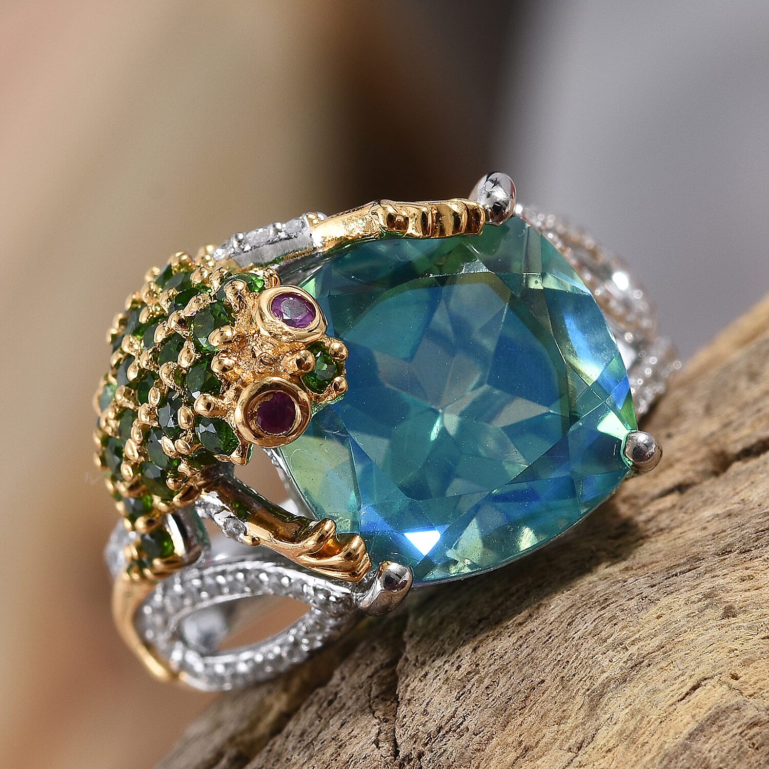 GP Peacock Quartz (Cush 12x12 mm), Multi Gemstone Frog Ring in Platinum and Yellow Gold Overlay Sterling Silver 8.250 Ct, Silver wt 5.70 Gms