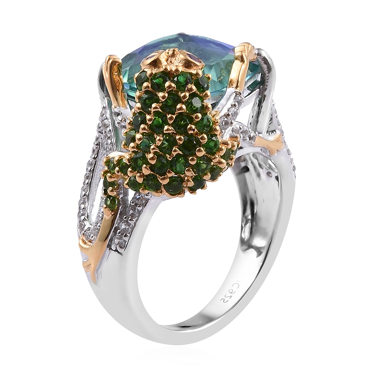 GP Peacock Quartz (Cush 12x12 mm), Multi Gemstone Frog Ring in Platinum and Yellow Gold Overlay Sterling Silver 8.250 Ct, Silver wt 5.70 Gms