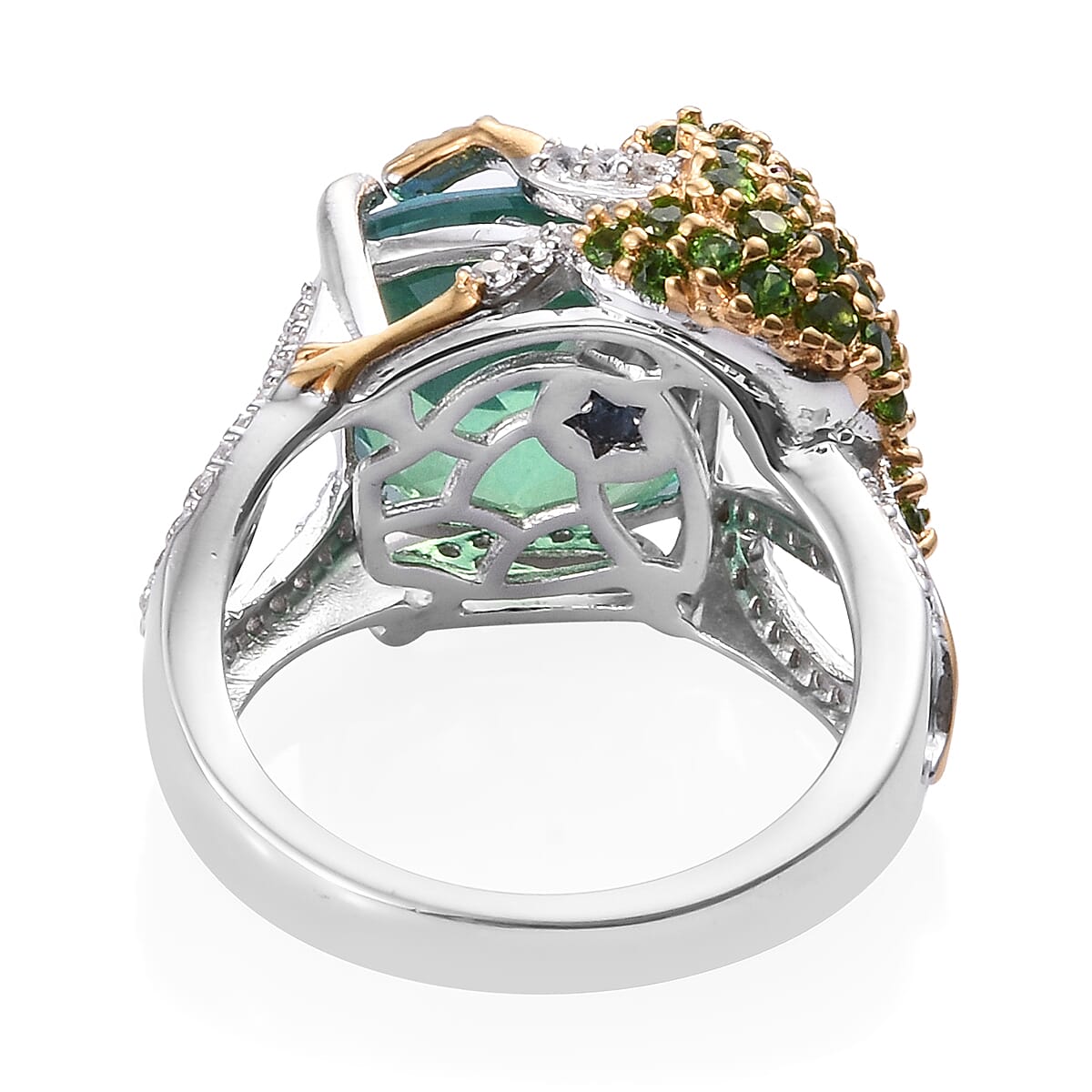GP Peacock Quartz (Cush 12x12 mm), Multi Gemstone Frog Ring in Platinum and Yellow Gold Overlay Sterling Silver 8.250 Ct, Silver wt 5.70 Gms