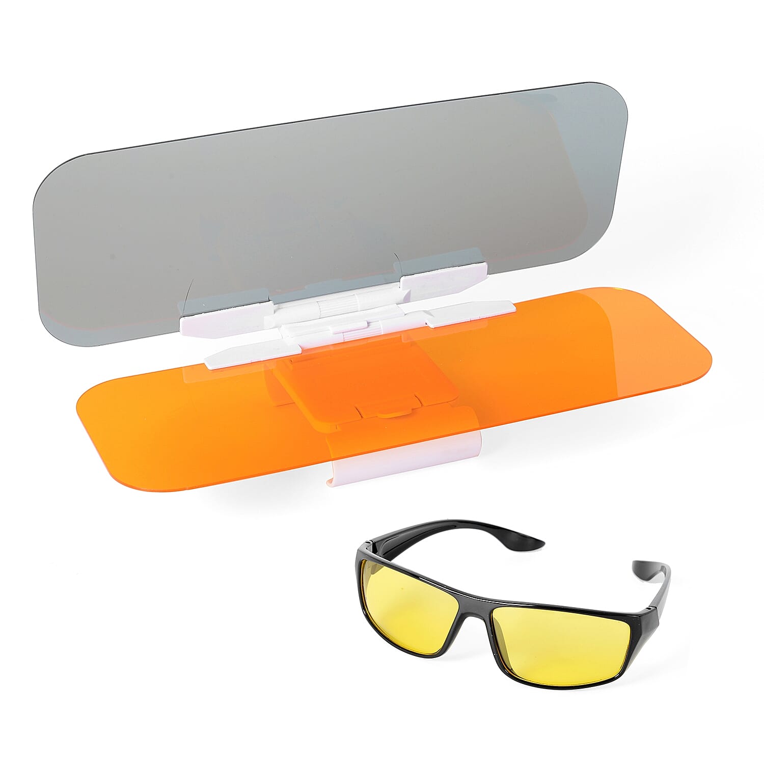 2 Piece Set - HD Anti-Glare Day and Night Visor (Size 32x10 Cm) and Vision Driving Glasses (Size 14x4 Cm)