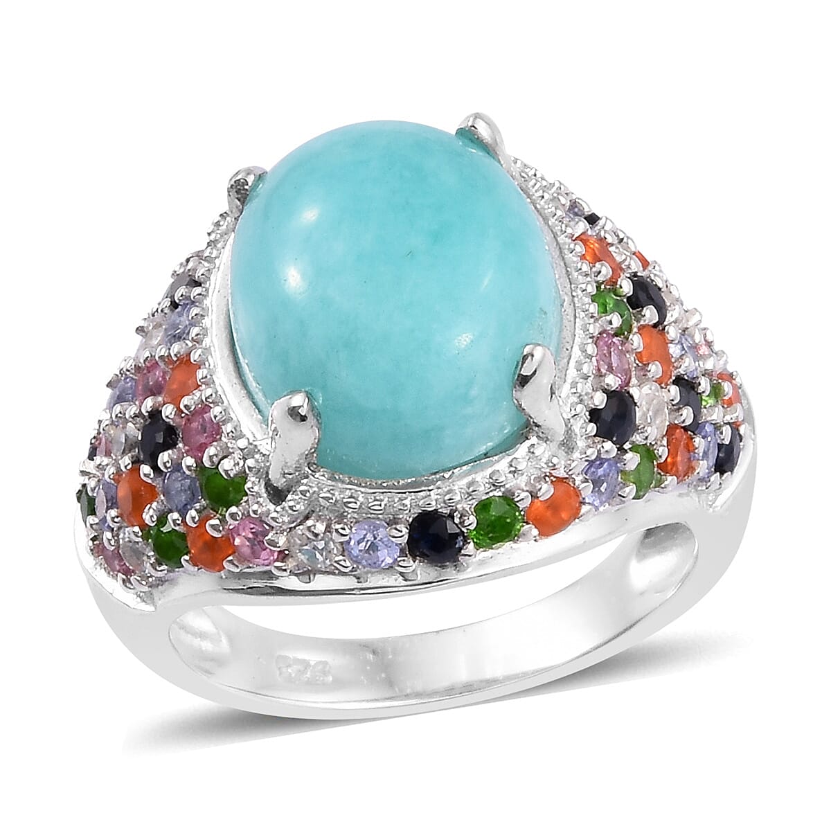 Natural Peruvian Amazonite (Ovl 12x10 mm), Tanzanite and Multi Gemstone Ring in Platinum Overlay Sterling Silver 6.250 Ct, Silver wt 5.29 Gms.
