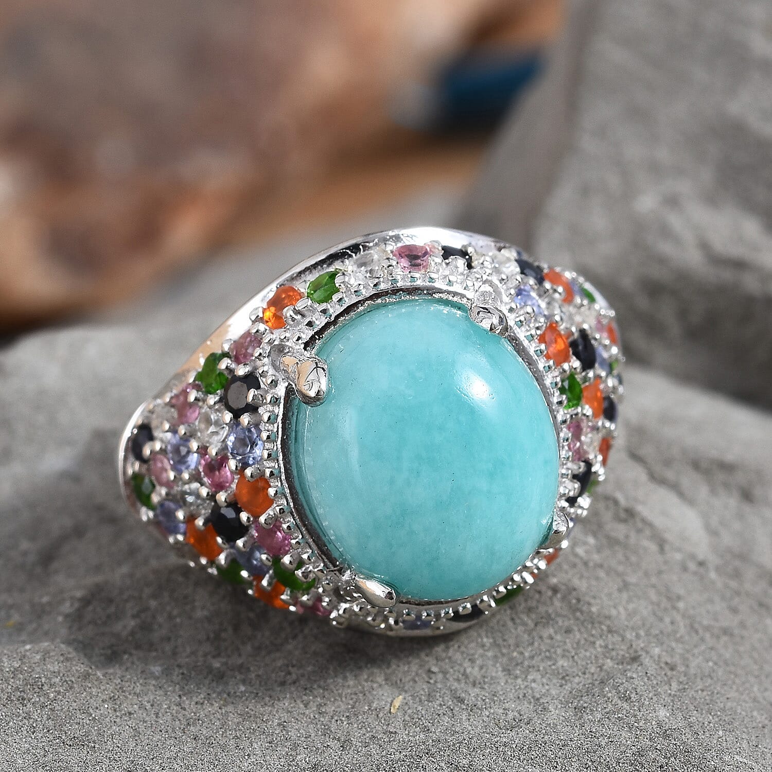 Natural Peruvian Amazonite (Ovl 12x10 mm), Tanzanite and Multi Gemstone Ring in Platinum Overlay Sterling Silver 6.250 Ct, Silver wt 5.29 Gms.