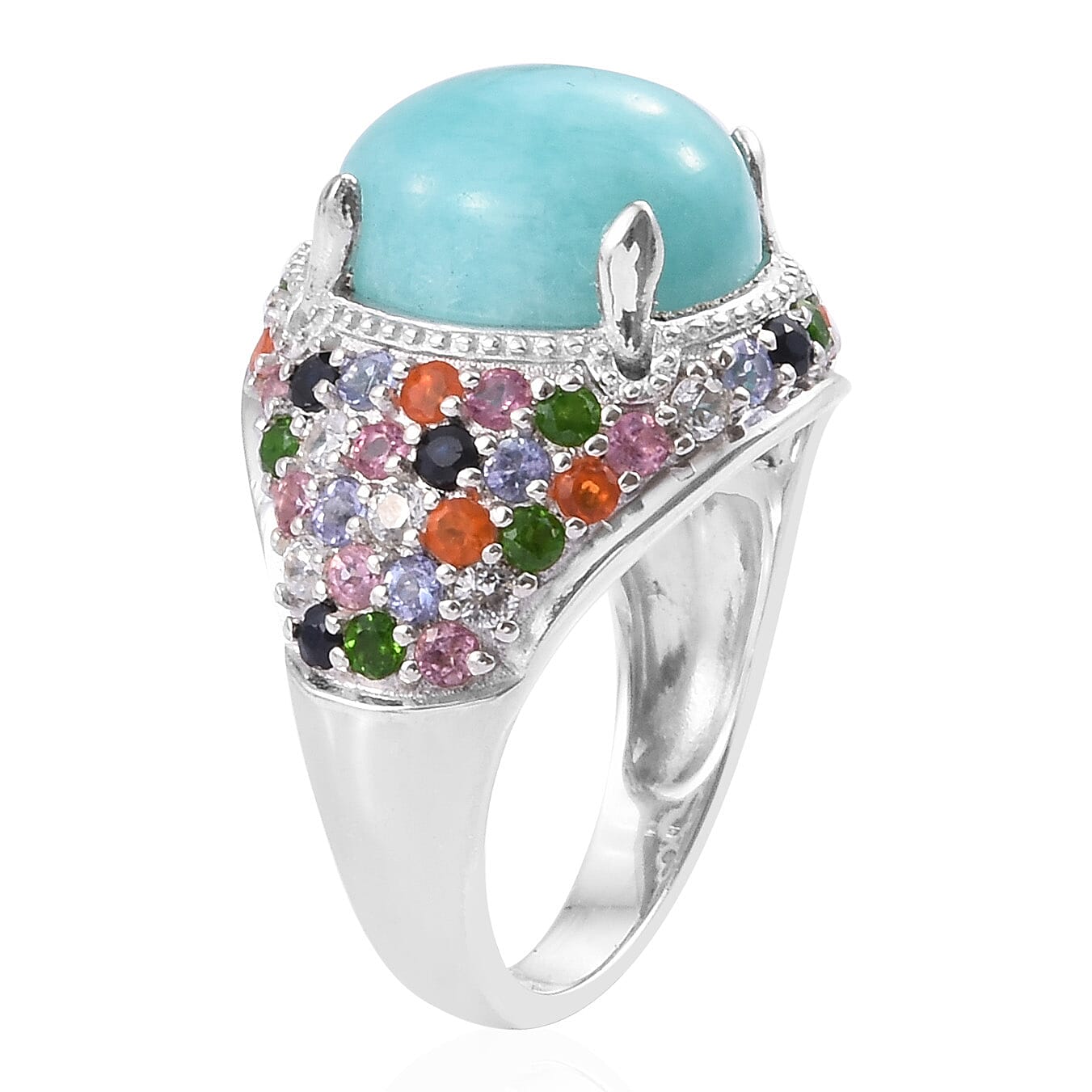 Natural Peruvian Amazonite (Ovl 12x10 mm), Tanzanite and Multi Gemstone Ring in Platinum Overlay Sterling Silver 6.250 Ct, Silver wt 5.29 Gms.