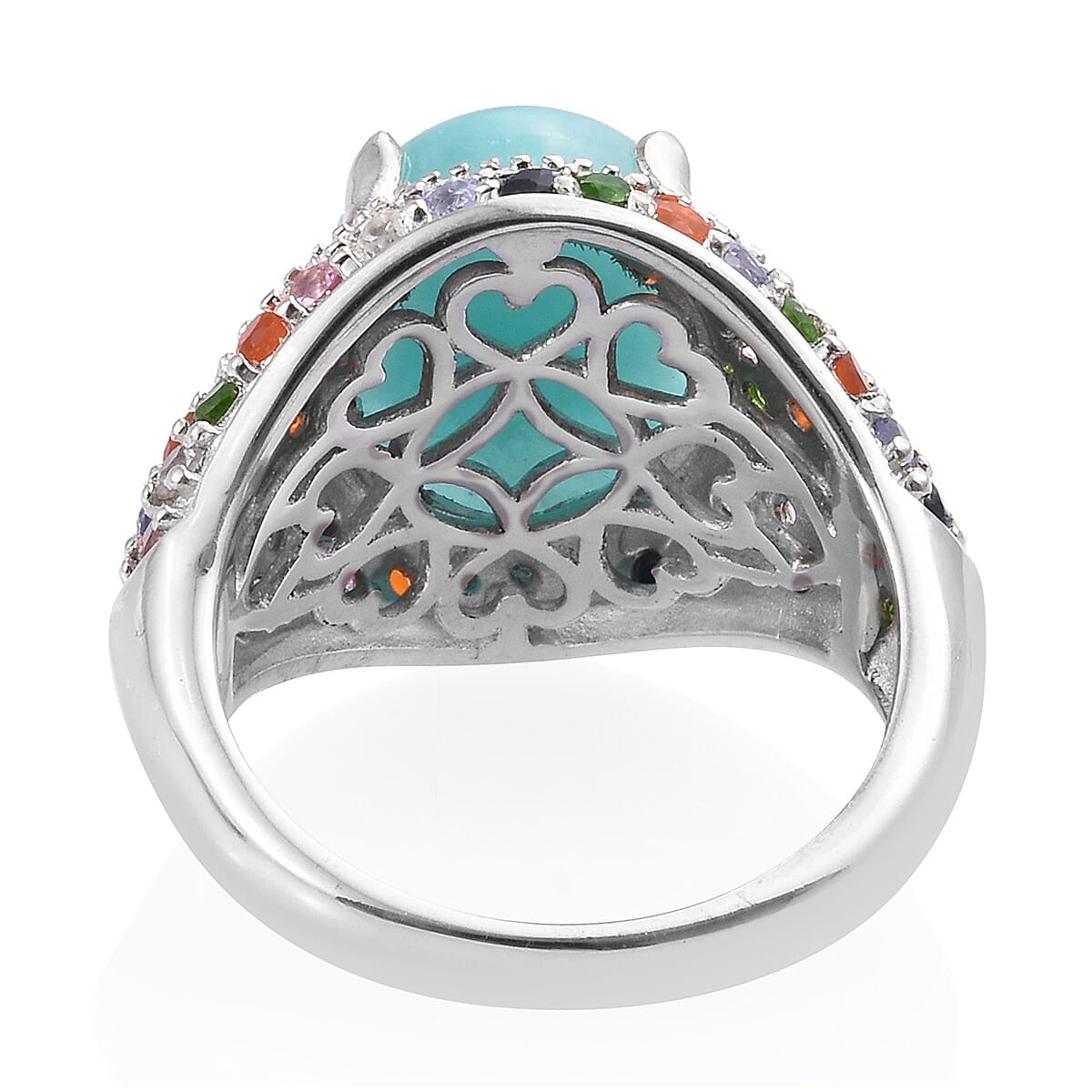 Natural Peruvian Amazonite (Ovl 12x10 mm), Tanzanite and Multi Gemstone Ring in Platinum Overlay Sterling Silver 6.250 Ct, Silver wt 5.29 Gms.