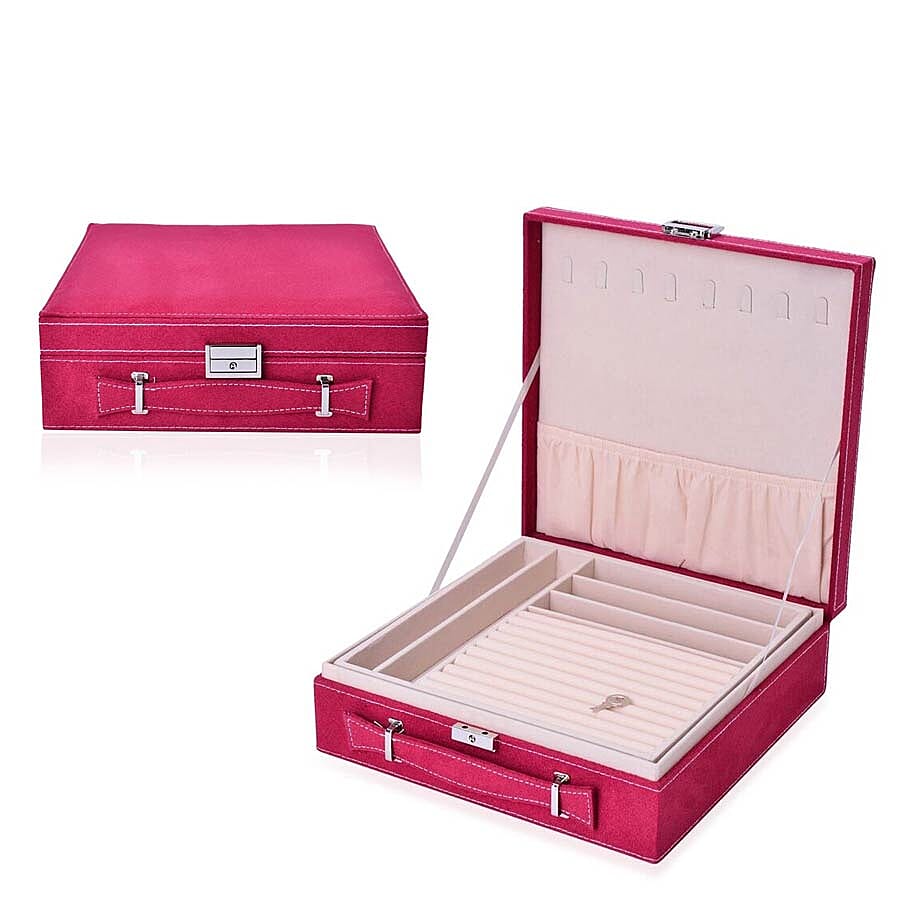 2 Tier Jewellery Box with Handle, 8 Necklace Hooks, Removable Tray, 9 Sections and Multi Storages with Lock and Key Anti Tarnish Lining (Size 26x26x9 Cm) - Burgundy and Cream Colour