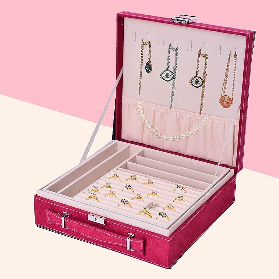 2 Tier Jewellery Box with Handle, 8 Necklace Hooks, Removable Tray, 9 Sections and Multi Storages with Lock and Key Anti Tarnish Lining (Size 26x26x9 Cm) - Burgundy and Cream Colour
