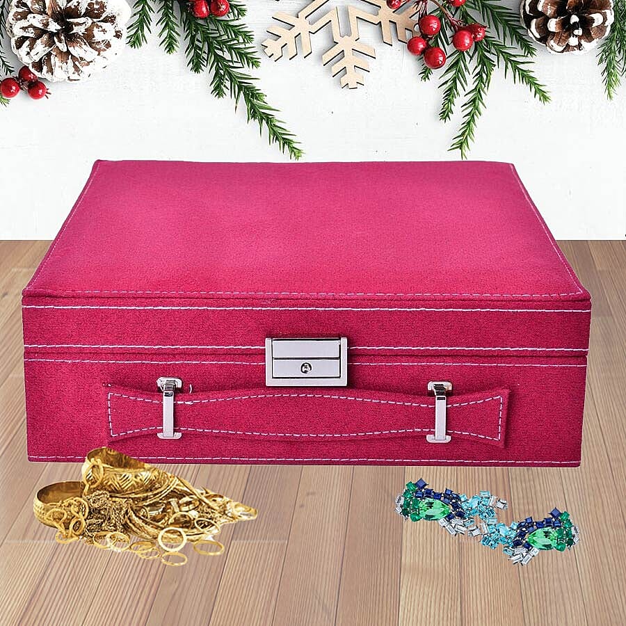 2 Tier Jewellery Box with Handle, 8 Necklace Hooks, Removable Tray, 9 Sections and Multi Storages with Lock and Key Anti Tarnish Lining (Size 26x26x9 Cm) - Burgundy and Cream Colour