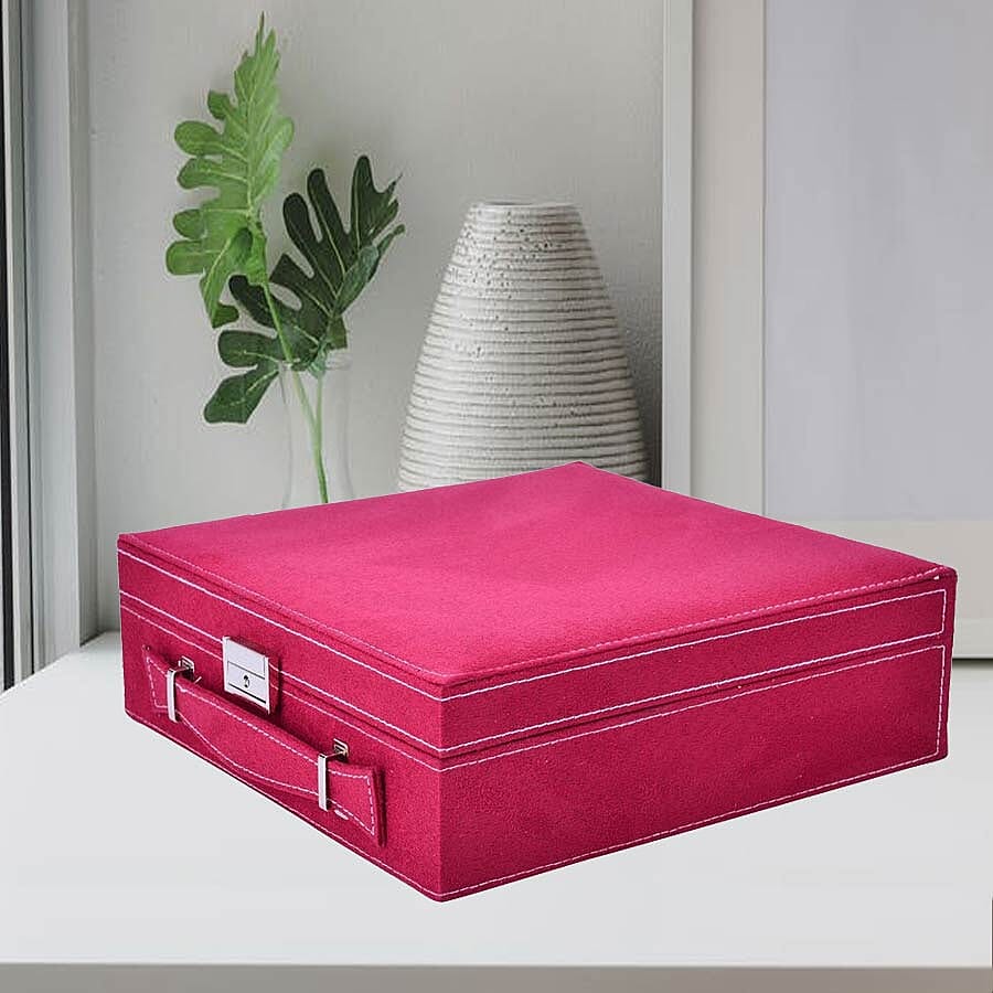 2 Tier Jewellery Box with Handle, 8 Necklace Hooks, Removable Tray, 9 Sections and Multi Storages with Lock and Key Anti Tarnish Lining (Size 26x26x9 Cm) - Burgundy and Cream Colour