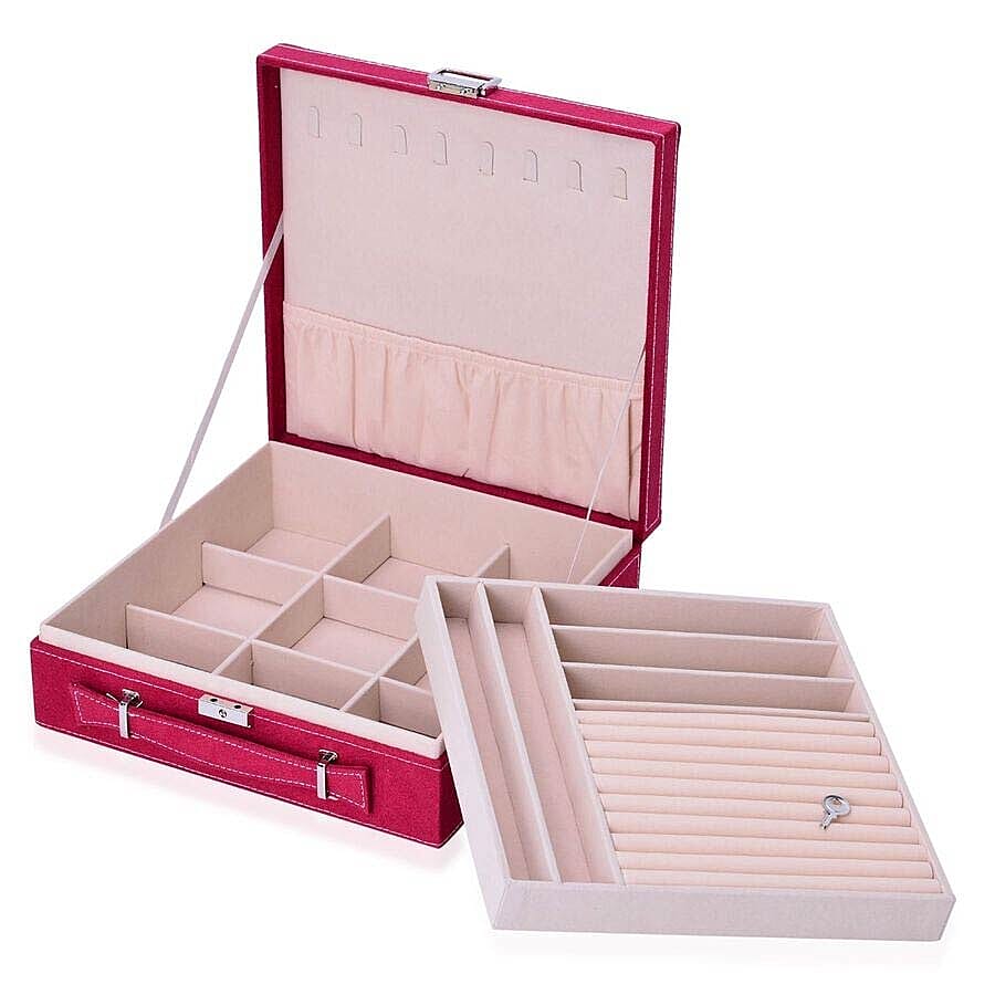 2 Tier Jewellery Box with Handle, 8 Necklace Hooks, Removable Tray, 9 Sections and Multi Storages with Lock and Key Anti Tarnish Lining (Size 26x26x9 Cm) - Burgundy and Cream Colour
