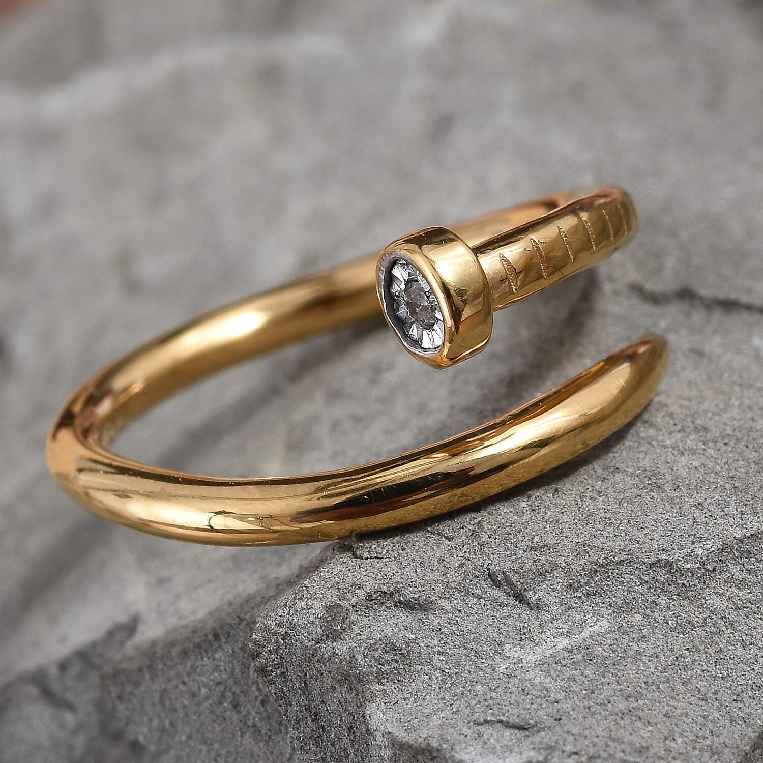 Designer Inspired- Diamond (Rnd) Adjustable Nail Ring in 14K Gold Overlay Sterling Silver