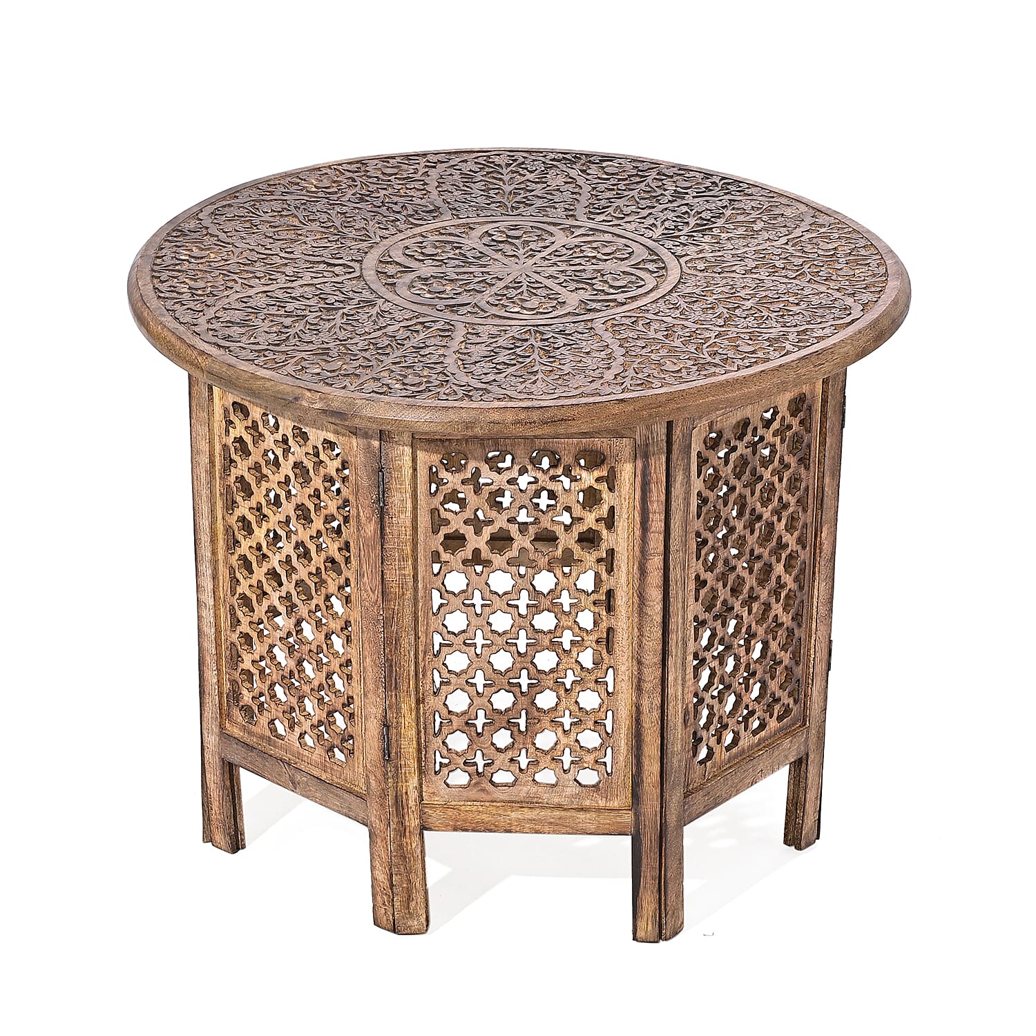 NAKKASHI - Hand Carved Solid Mango Wood Round Table in Burn Finish (Size 45x70 Cm)