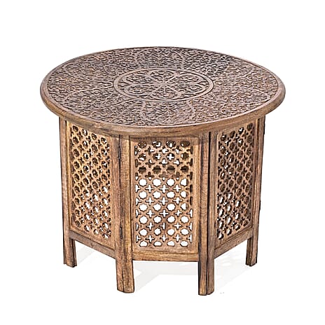 NAKKASHI - Hand Carved Solid Mango Wood Round Table in Burn Finish (Size 45x70 Cm)