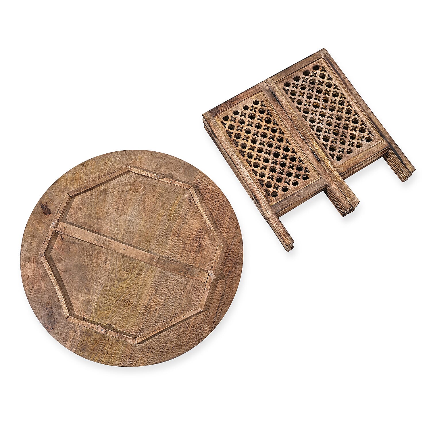 NAKKASHI - Hand Carved Solid Mango Wood Round Table in Burn Finish (Size 45x70 Cm)