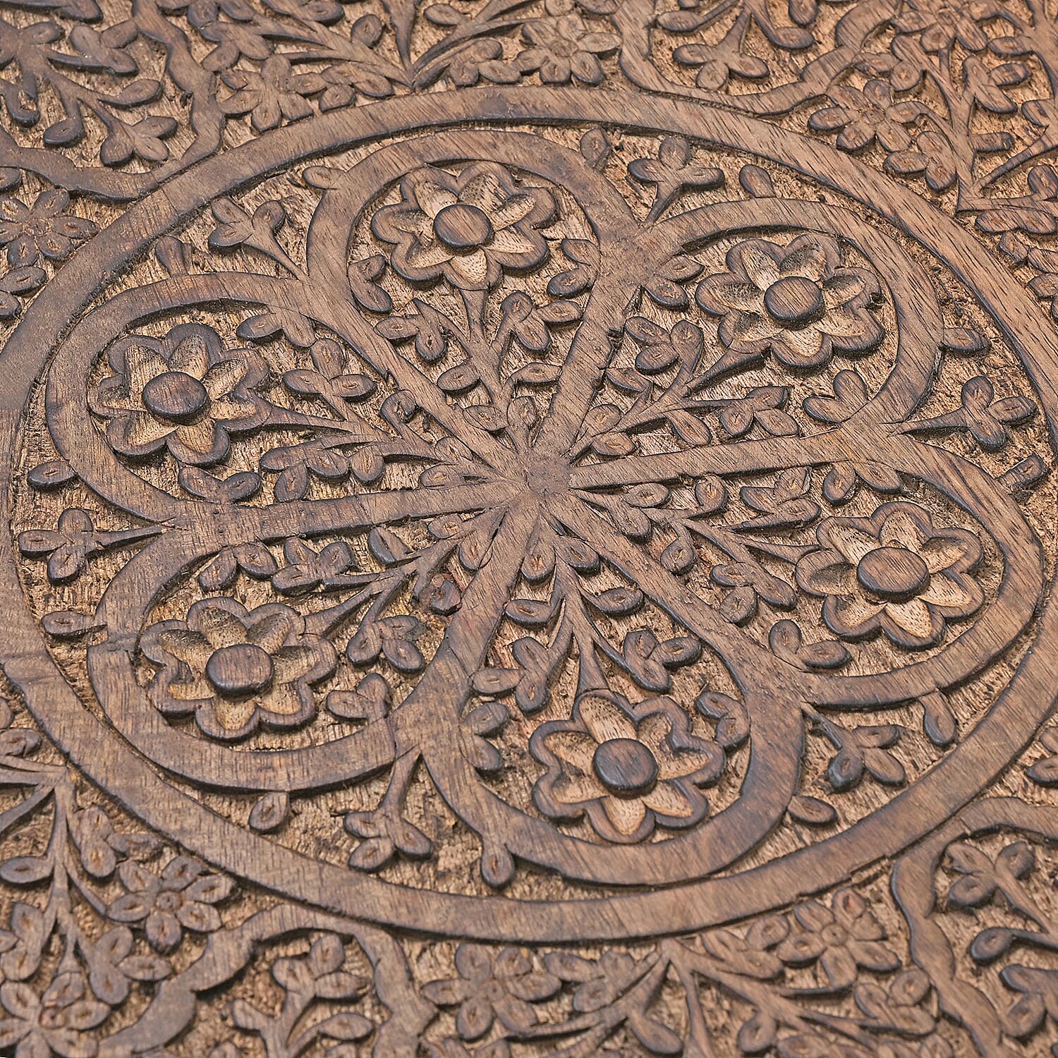 NAKKASHI - Hand Carved Solid Mango Wood Round Table in Burn Finish (Size 45x70 Cm)