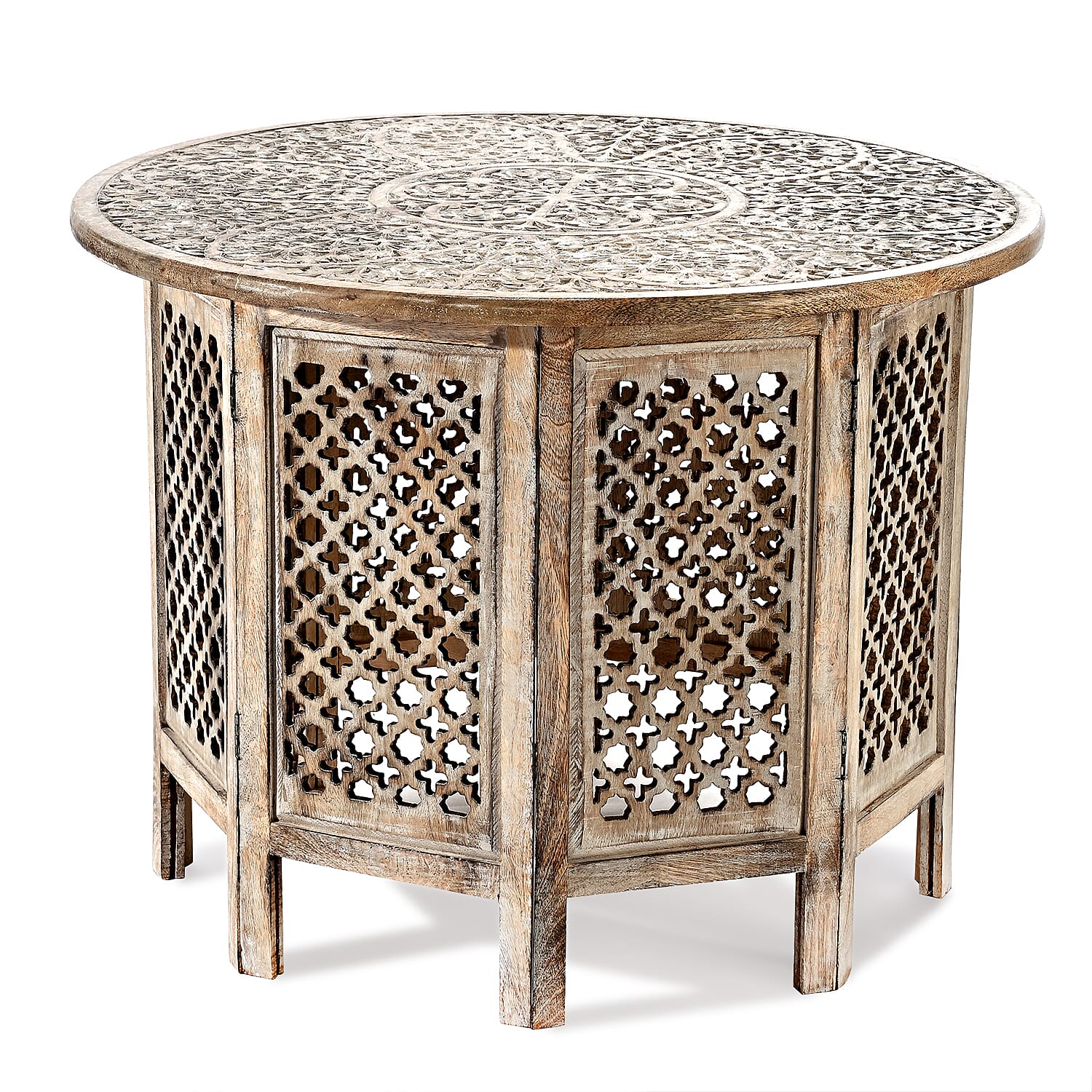 NAKKASHI - Hand Carved Solid Mango Wood Round Table in White Finish (Size 45x70 Cm)