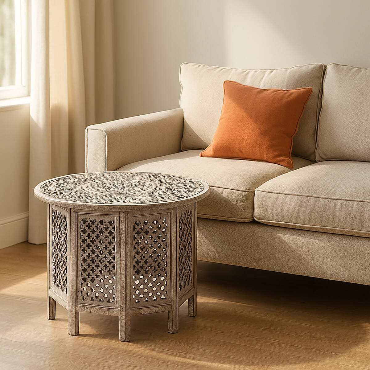 NAKKASHI - Hand Carved Solid Mango Wood Round Table in White Finish (Size 45x70 Cm)