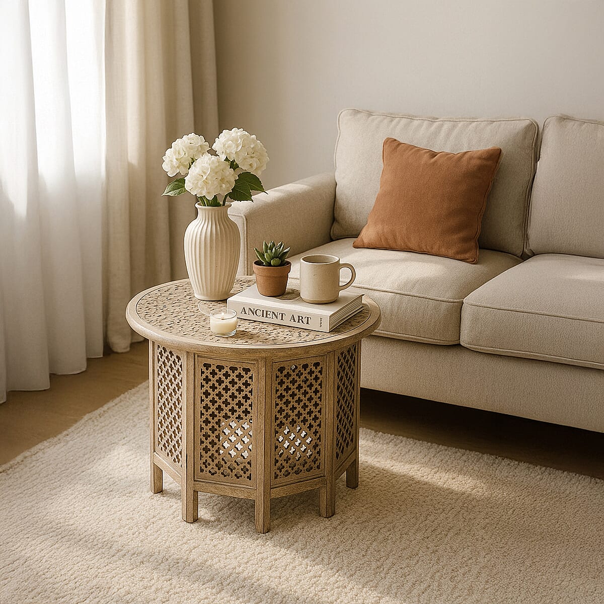 NAKKASHI - Hand Carved Solid Mango Wood Round Table in White Finish (Size 45x70 Cm)