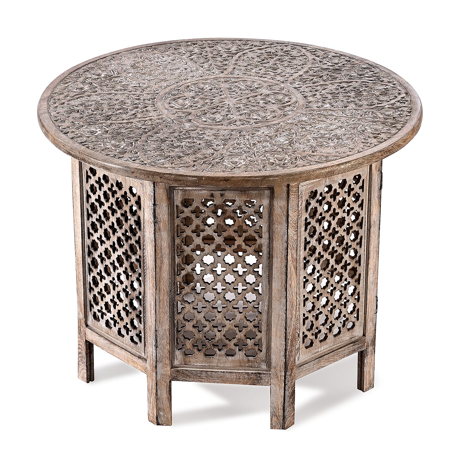 NAKKASHI - Hand Carved Solid Mango Wood Round Table in White Finish (Size 45x70 Cm)