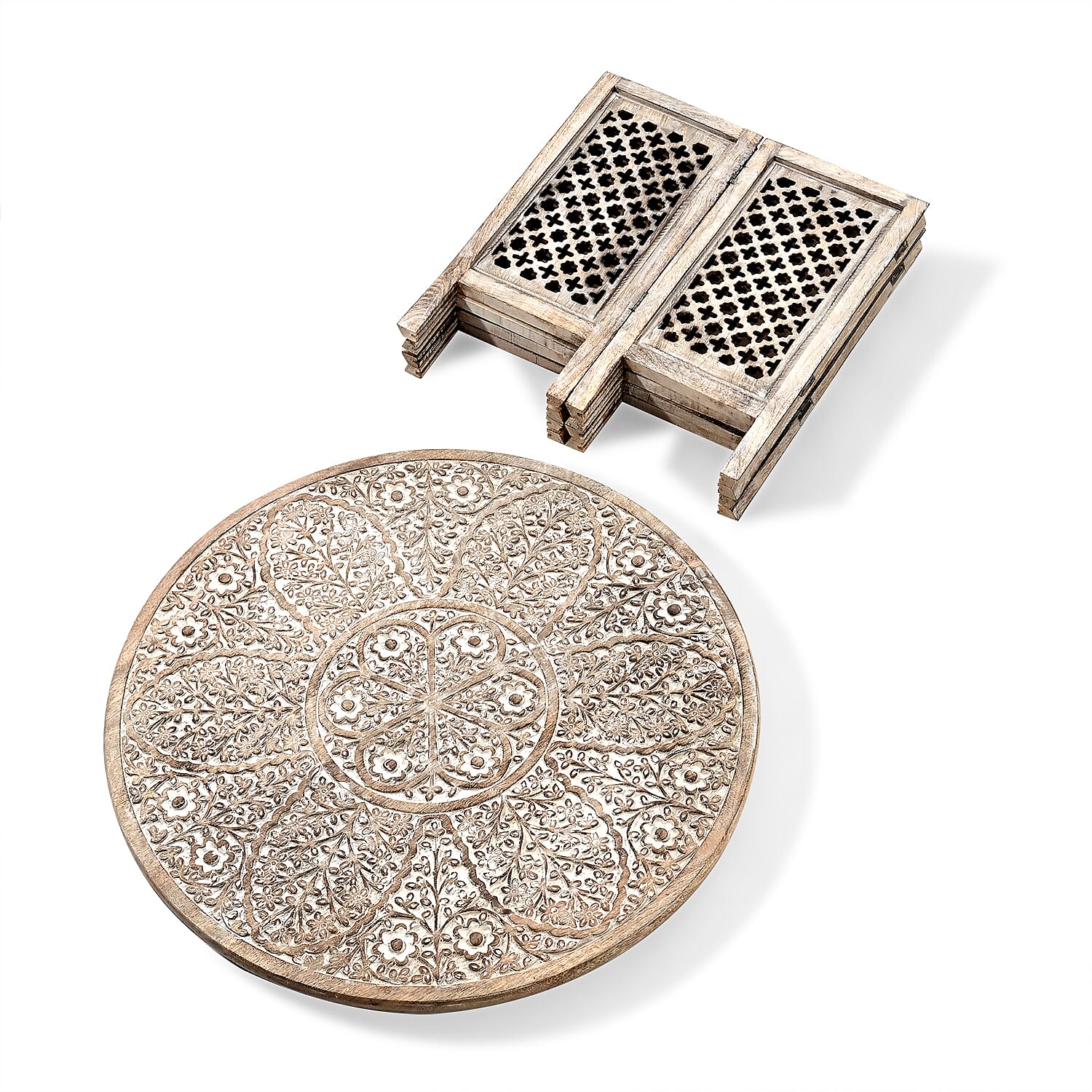 NAKKASHI - Hand Carved Solid Mango Wood Round Table in White Finish (Size 45x70 Cm)