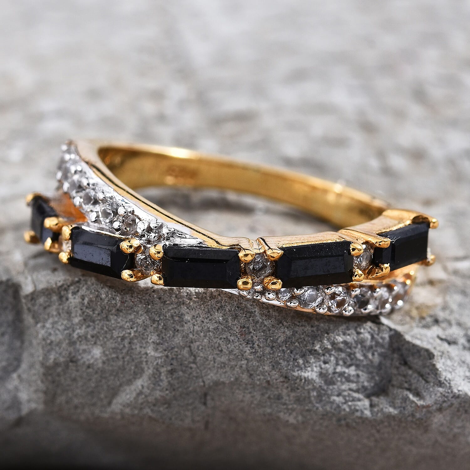 Thai Black Spinel (1.00 Ct),Cambodian Zircon 14K Gold Overlay Sterling Silver Ring  1.000  Ct.