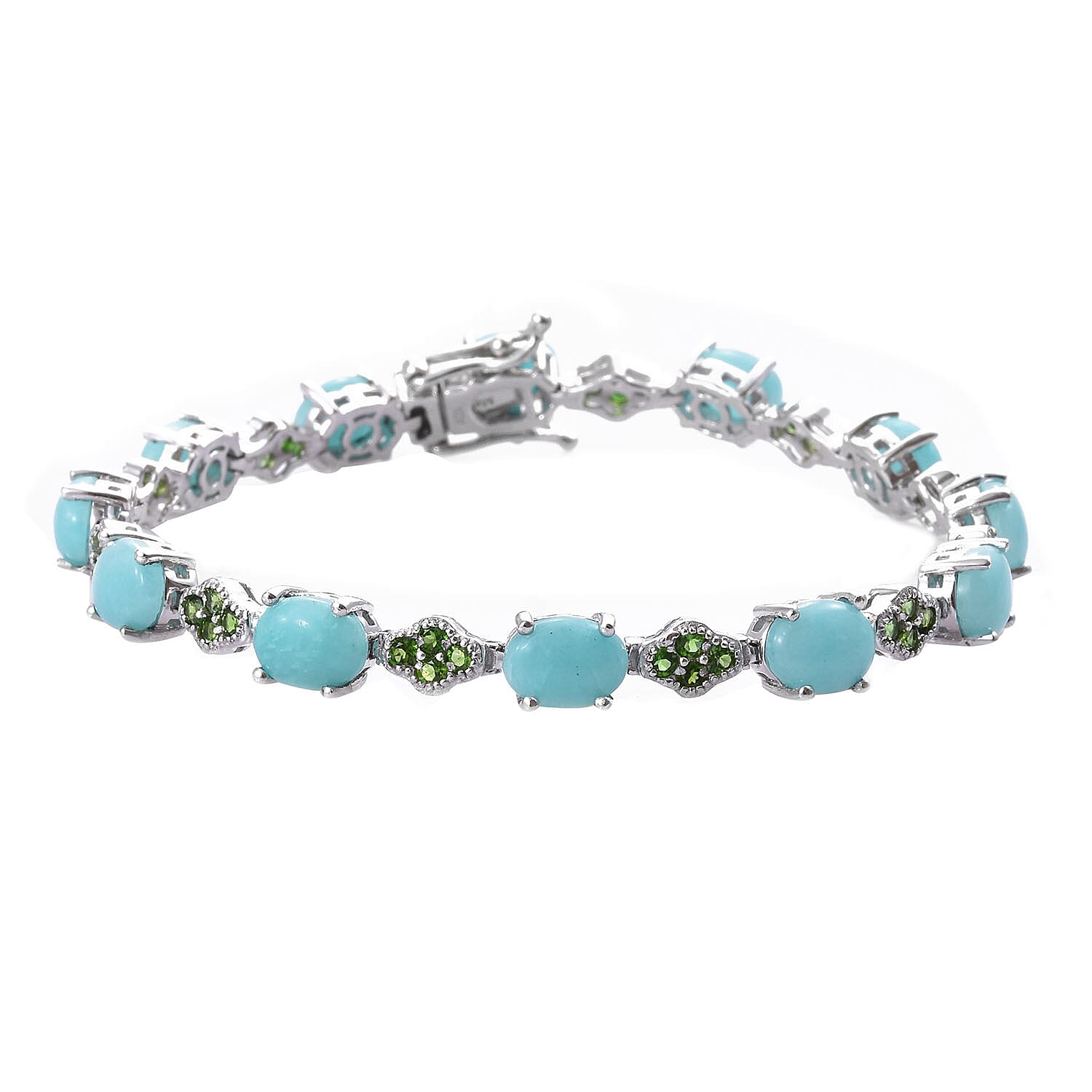 Peruvian Amazonite and Natural Chrome Diopside Bracelet (Size 7.5) in Platinum Overlay Sterling Silver 15.750 Ct, Silver wt 12.52 Gms