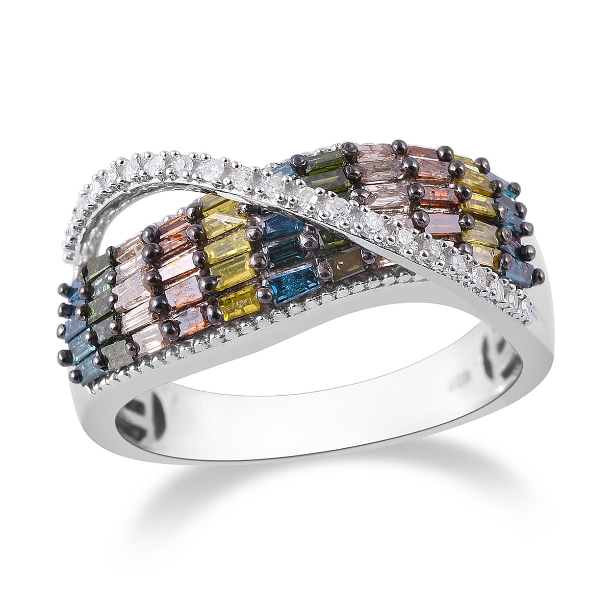 Rainbow Diamond (Bgt) Ring in Platinum Overlay Sterling Silver 1.000 Ct, Silver wt 5.50 Gms