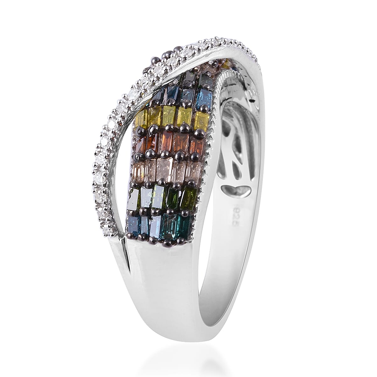 Rainbow Diamond (Bgt) Ring in Platinum Overlay Sterling Silver 1.000 Ct, Silver wt 5.50 Gms