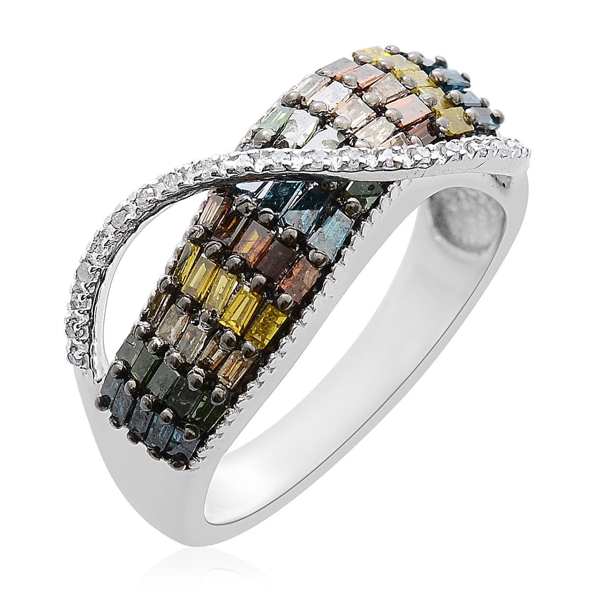 Rainbow Diamond (Bgt) Ring in Platinum Overlay Sterling Silver 1.000 Ct, Silver wt 5.50 Gms