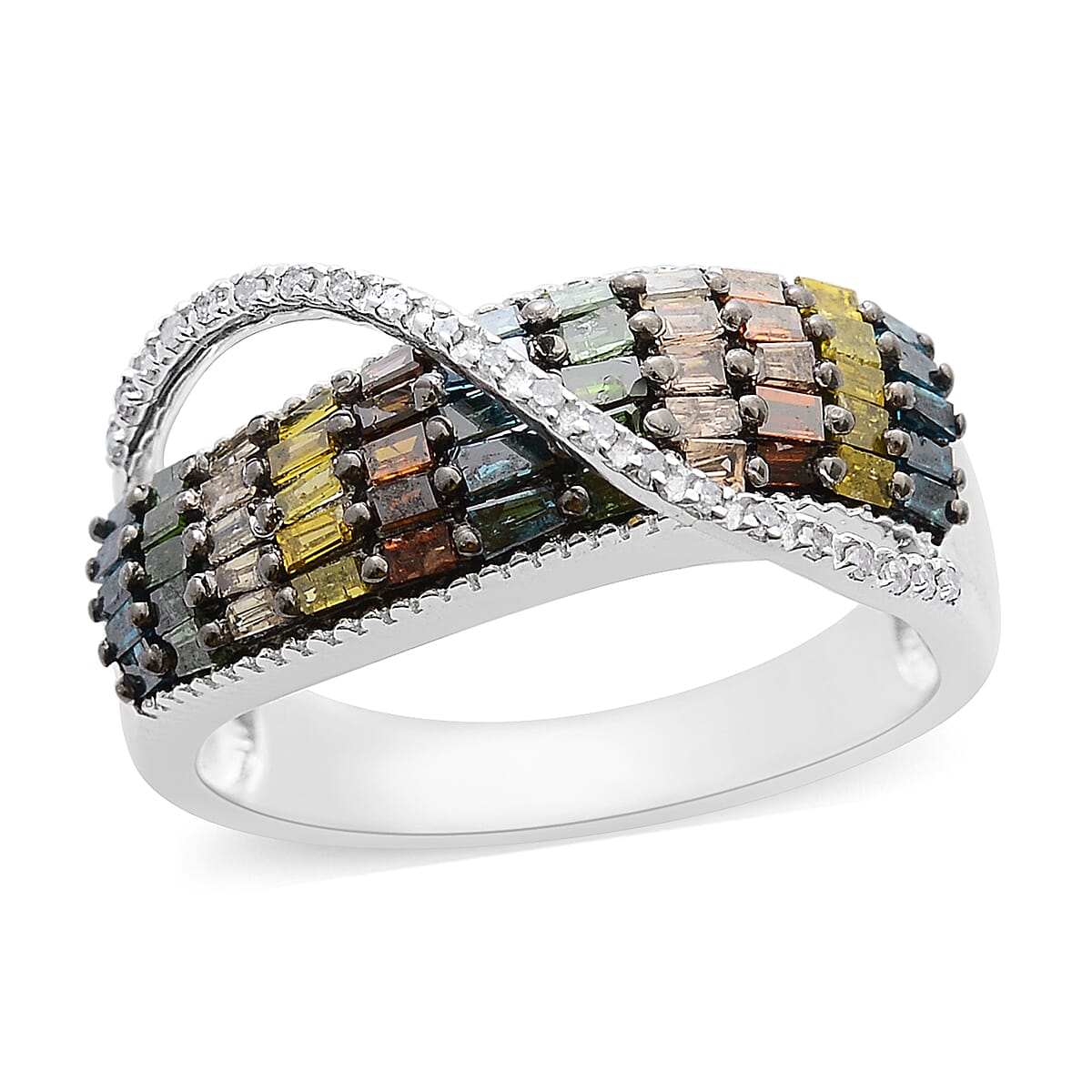 Rainbow Diamond (Bgt) Ring in Platinum Overlay Sterling Silver 1.000 Ct, Silver wt 5.50 Gms